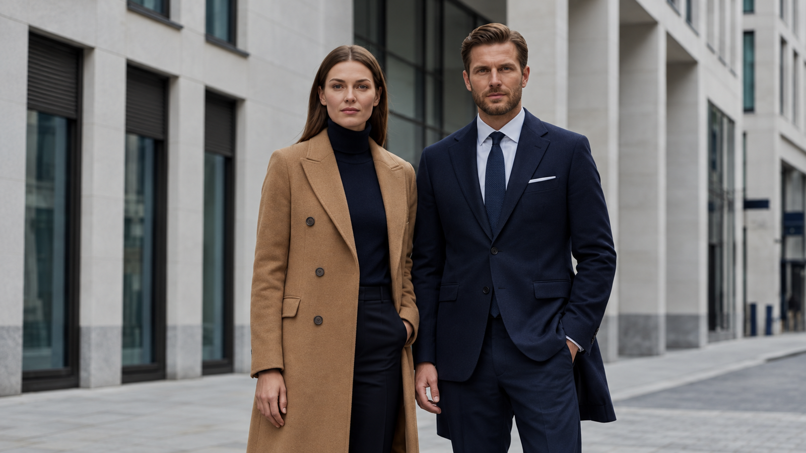 A woman in a camel coat and a man in a navy suit in front of city buildings